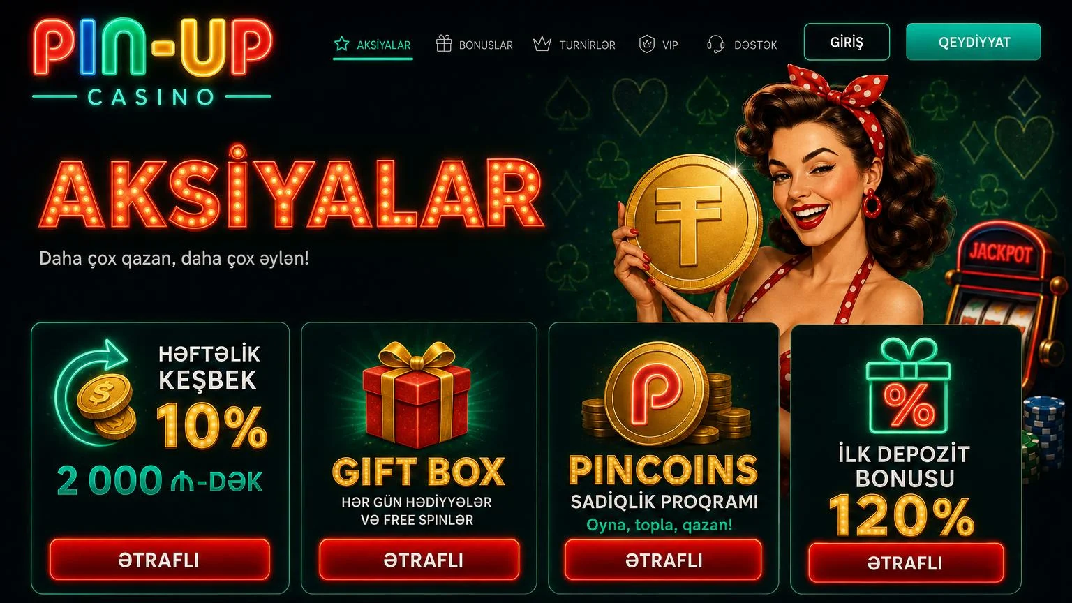 pinup az aksiyalar bölməsi — həftəlik keşbek 10%, Gift Box və Pincoins kartları pinup az bonusları və aktual aksiyalar səhifəsi