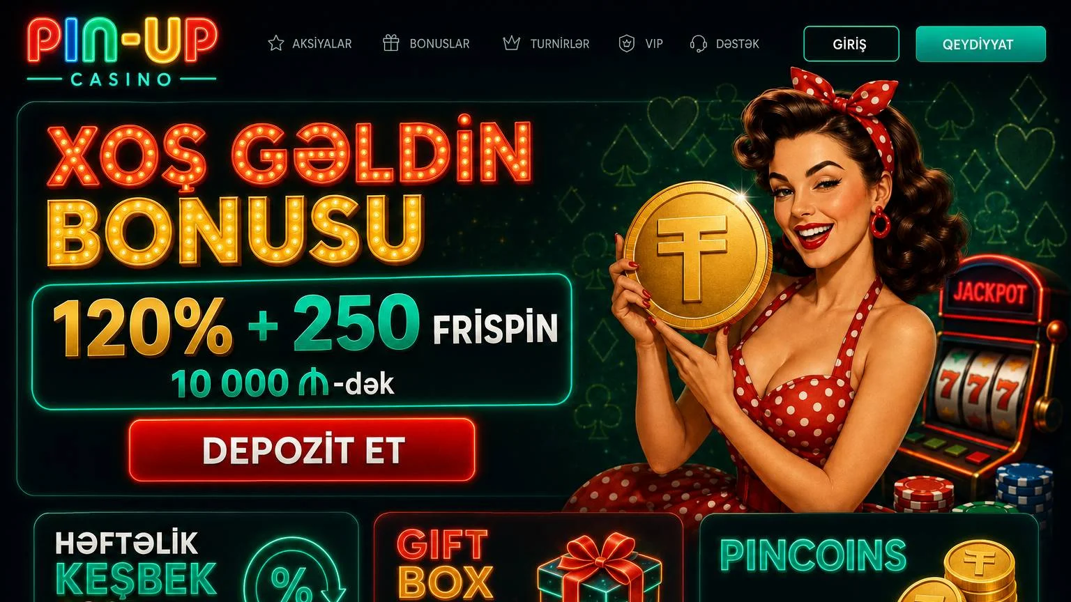 Pin Up bonus — mərc tələbi x50, 72 saat müddəti və Pincoins cashback proqramı Pin Up bonusları — ilk depozitə 120% və 250 pulsuz fırlatma