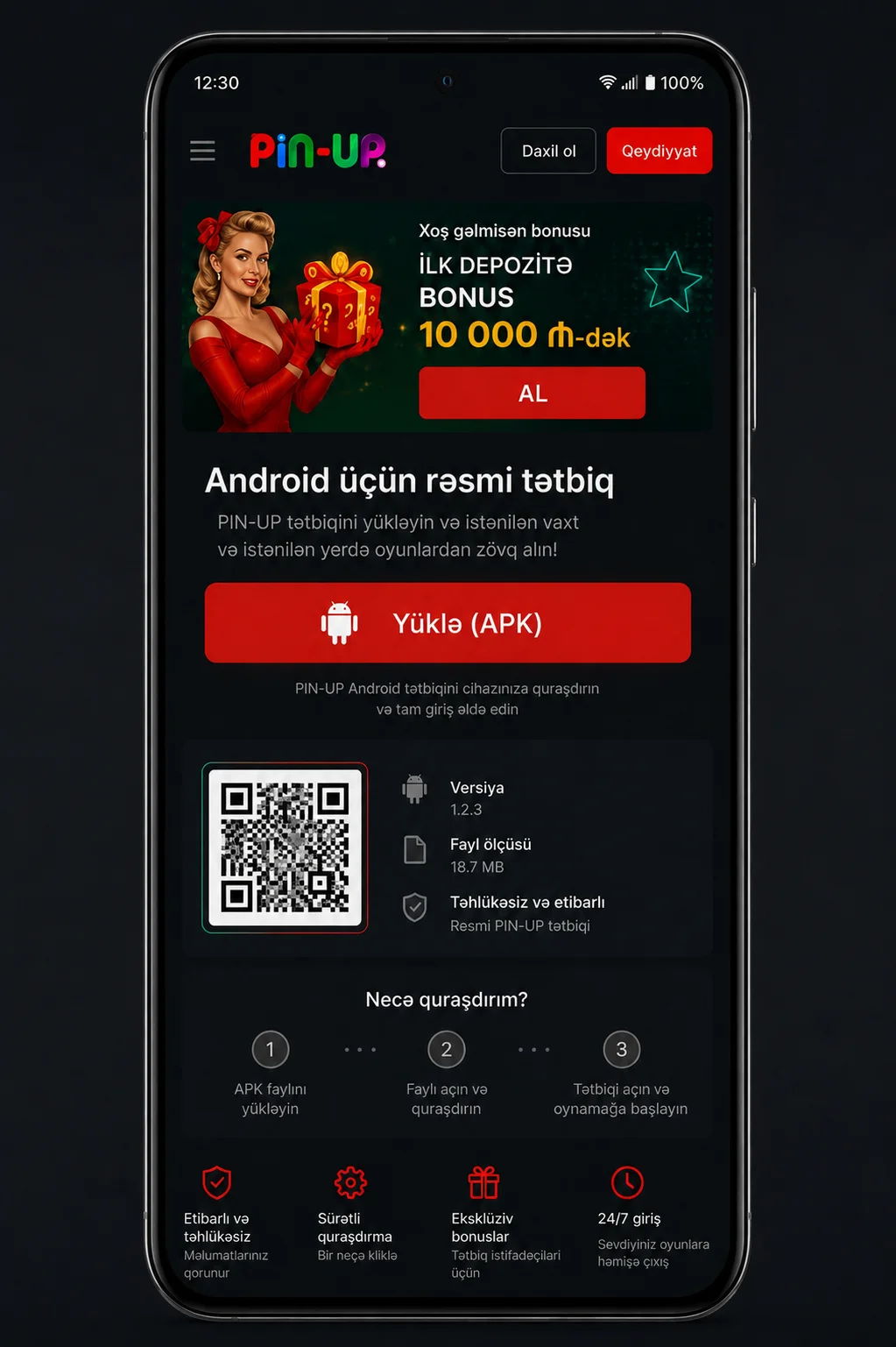 pinup tətbiqinin endirilmə səhifəsi — APK faylı, QR kod və quraşdırma addımları pinup tətbiqinin endirilməsi — Android ekranı